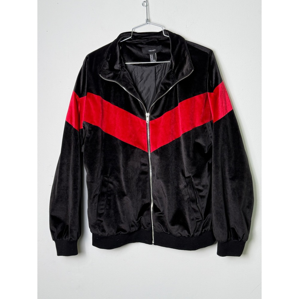 Forever 21 Womens Black‎ Red Velvet Chevron Track Jacket Size M Zip Front Velour